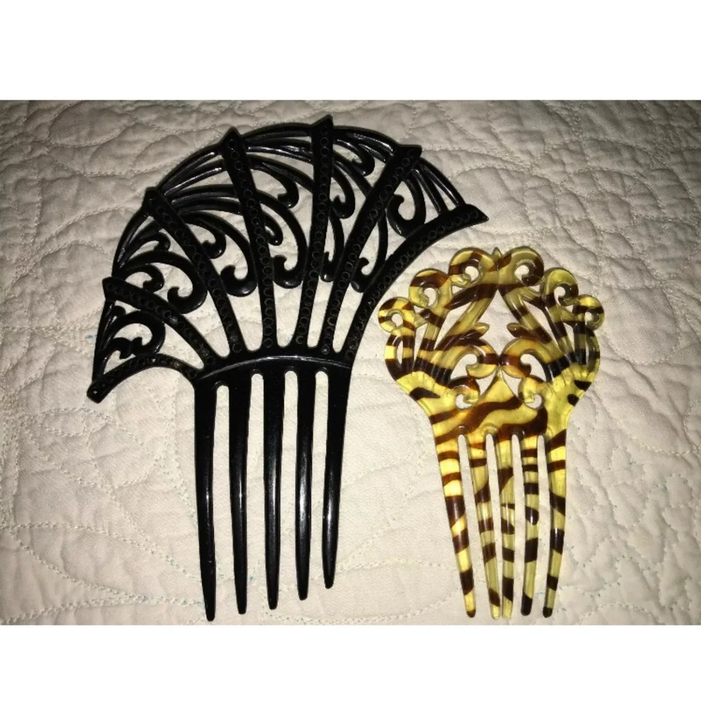 2 Antique black celluloid HAIR COMB rhinestone